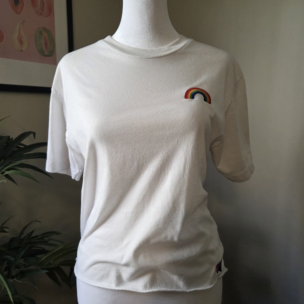 AVIATOR NATION Rainbow Embroidery Boyfriend Tee Vintage White S $83